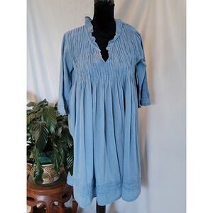 J.P. & Mattie Blue Cotton Gauze Pintuck Crinkle Tunic Dress Boho Women Small